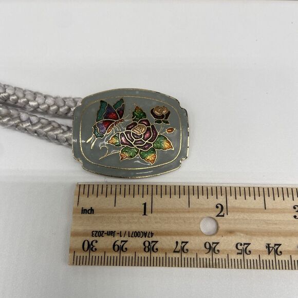 VTG 80s/90s Stretch Waist Belt Braided Cord Gray Cloisonne Butterfly Rose Buckle - Picture 4 of 11